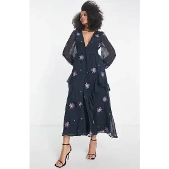 ASOS Embroidered Shirred Waist Tea Dress Charcoal Purple Midi Sz 10 Whimsigoth - Picture 3 of 10